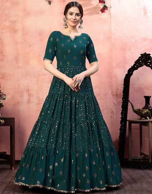 Traditional Function Wear Gown Collection Green Georgette Gown Front View