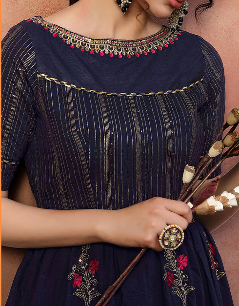 Traditional Function Wear Gown Collection Navy Bule Silk Gown Close-up View