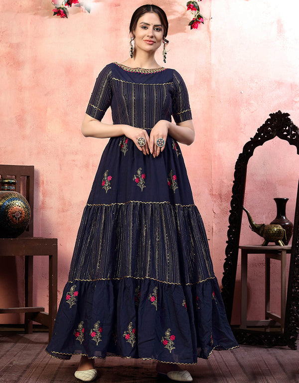 Traditional Function Wear Gown Collection Navy Bule Silk Gown Front View