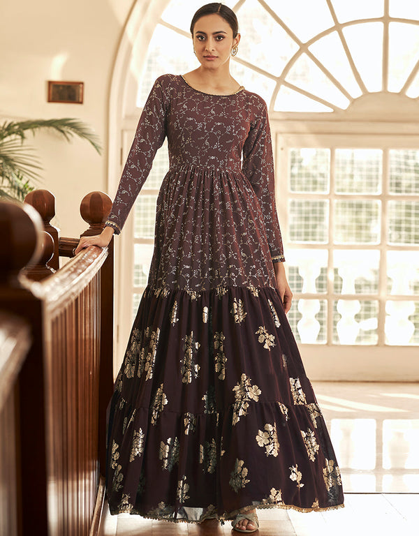 Traditional Function Wear Gown Collection Light Brown Georgette Gown Front View