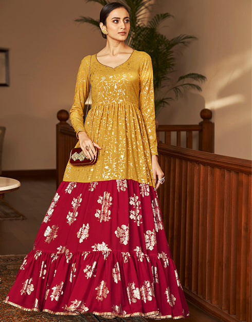 Traditional Function Wear Gown Collection Mustard Georgette Gown Close-up View