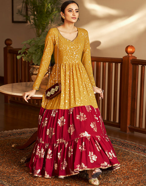 Traditional Function Wear Gown Collection Mustard Georgette Gown Back View