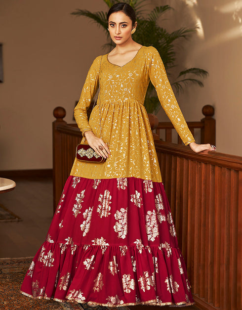 Traditional Function Wear Gown Collection Mustard Georgette Gown Front View
