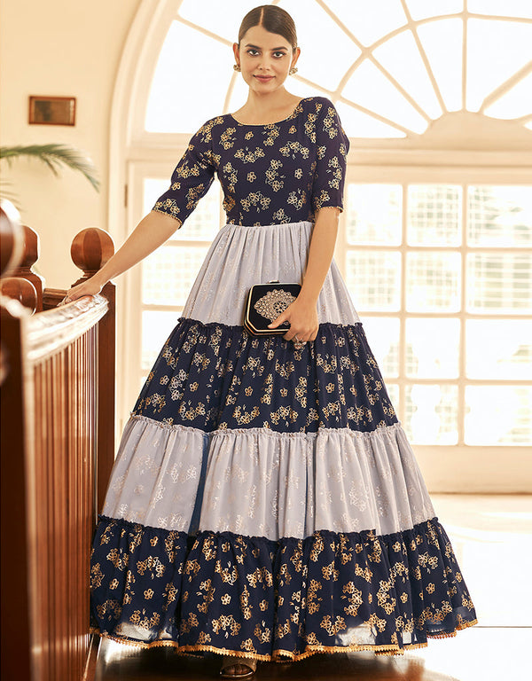Traditional Function Wear Gown Collection Royal Blue Georgette Gown Front View