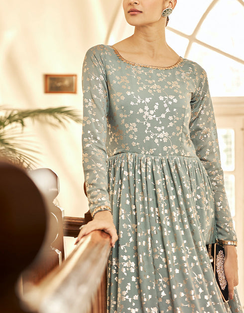 Traditional Function Wear Gown Collection Light Grey Georgette Gown Close-up View