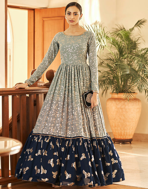 Traditional Function Wear Gown Collection Light Grey Georgette Gown Front View