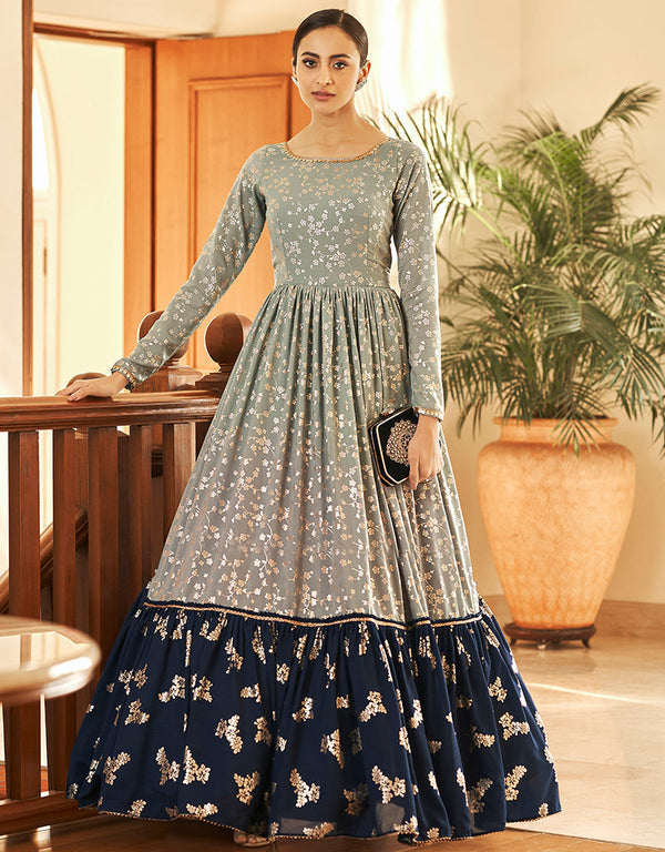 Traditional Function Wear Gown Collection Light Grey Georgette Gown Front View