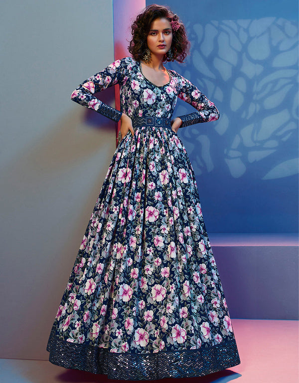 Traditional Function Wear Gown Collection Blue Natural Crepe Gown Front View