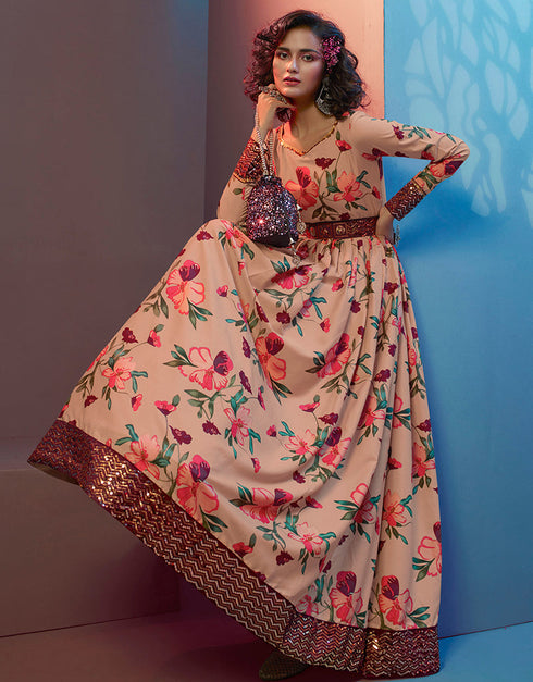 Traditional Function Wear Gown Collection Peach Natural Crepe Gown Close-up View