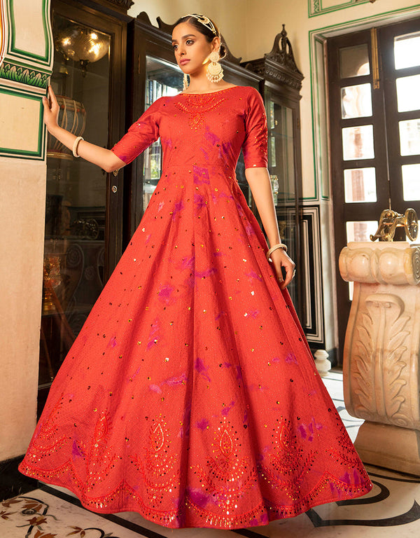 Traditional Function Wear Gown Collection Orange Cotton Gown Front View