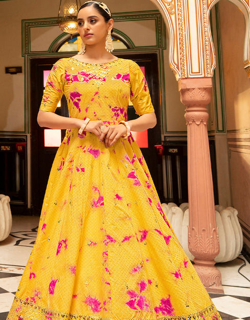 Traditional Function Wear Gown Collection Yellow Cotton Gown Close-up View