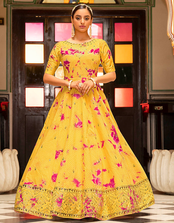 Traditional Function Wear Gown Collection Yellow Cotton Gown Front View