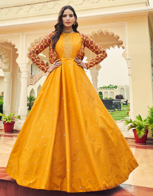 Traditional Function Wear Gown Collection Mustard Yellow Cotton Gown Front View