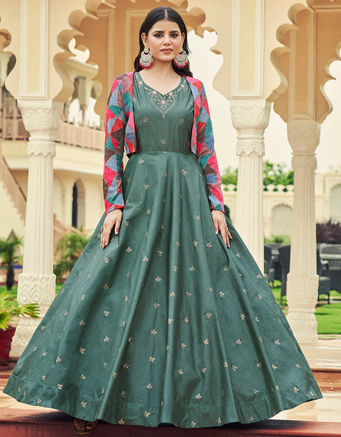 Traditional Function Wear Gown Collection Dusty Green Cotton Gown Close-up View