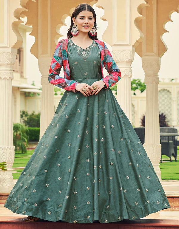 Traditional Function Wear Gown Collection Dusty Green Cotton Gown Front View