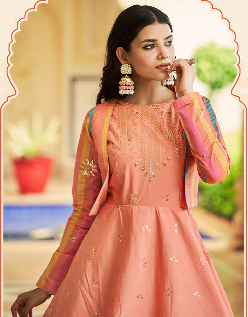 Traditional Function Wear Gown Collection Peach Cotton Gown Side View