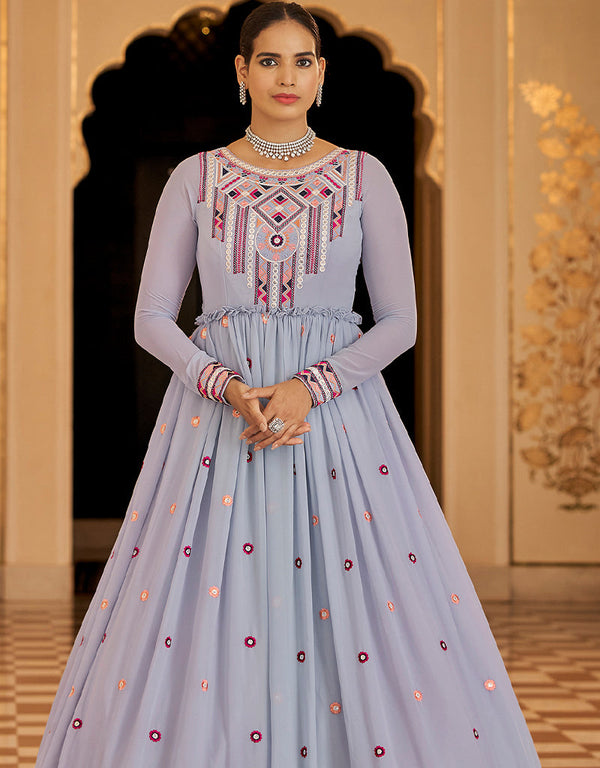 Traditional Function Wear Gown Collection Light Blue Georgette Gown Front View