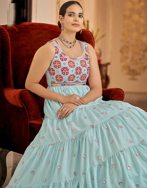 Traditional Function Wear Gown Collection Sky Blue Georgette Gown Back View