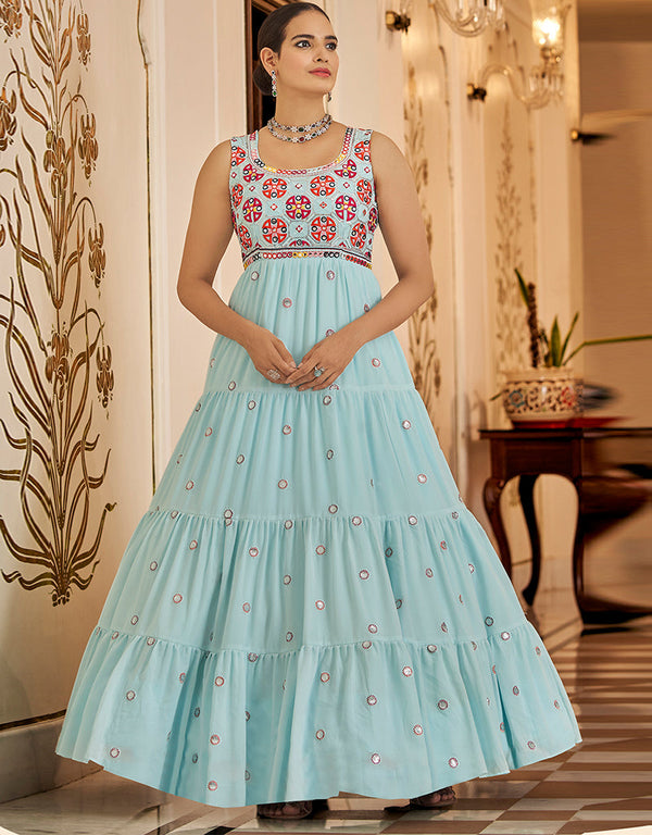 Traditional Function Wear Gown Collection Sky Blue Georgette Gown Front View