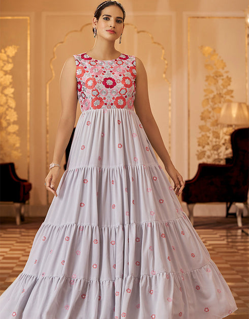 Traditional Function Wear Gown Collection Grey Georgette Gown Close-up View