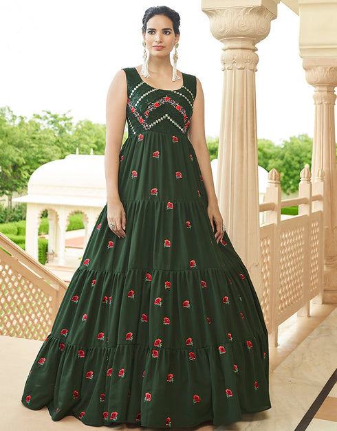 Traditional Function Wear Gown Collection Olive Green Georgette Gown Front View