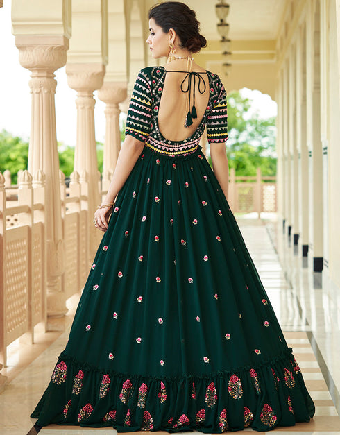 Traditional Function Wear Gown Collection Green Georgette Gown Close-up View