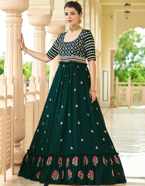 Traditional Function Wear Gown Collection Green Georgette Gown Front View