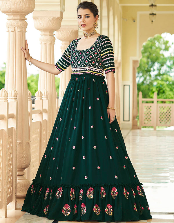 Traditional Function Wear Gown Collection Green Georgette Gown Front View