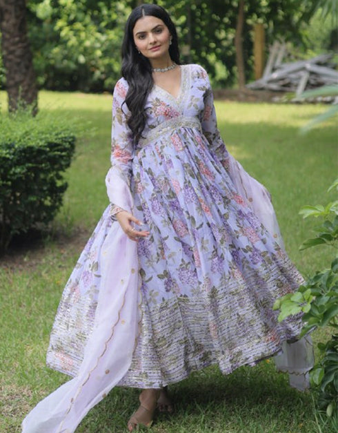 Traditional Function Wear Readymade Russian Silk Gown With Dupatta Collection Lavneder Russian Silk Gown Back View