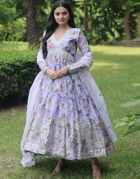 Traditional Function Wear Readymade Russian Silk Gown With Dupatta Collection Lavneder Russian Silk Gown Front View