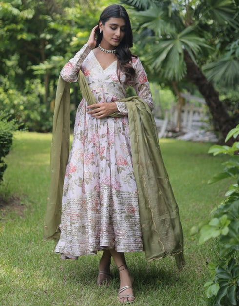 Traditional Function Wear Readymade Russian Silk Gown With Dupatta Collection White Russian Silk Gown Close-up View