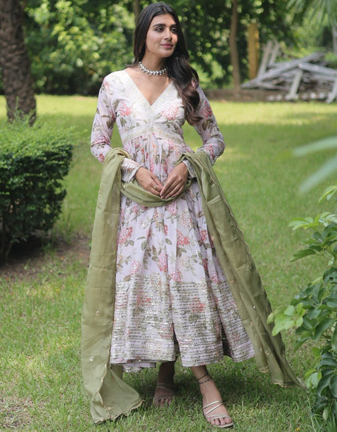 Traditional Function Wear Readymade Russian Silk Gown With Dupatta Collection White Russian Silk Gown Back View