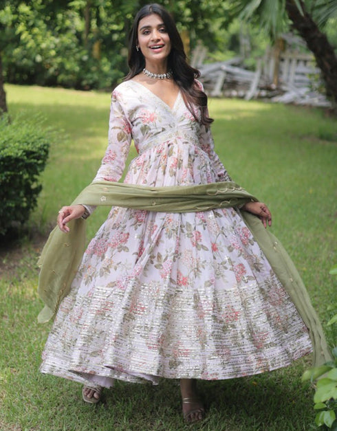 Traditional Function Wear Readymade Russian Silk Gown With Dupatta Collection White Russian Silk Gown Side View