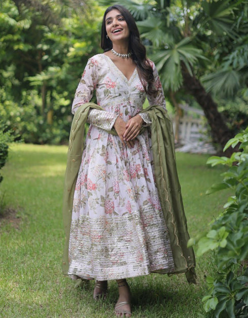 Traditional Function Wear Readymade Russian Silk Gown With Dupatta Collection White Russian Silk Gown Front View