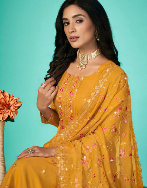 Designer Function Wear Organza Salwar Suit Collection Yellow Organza Pant Straight Close-up View