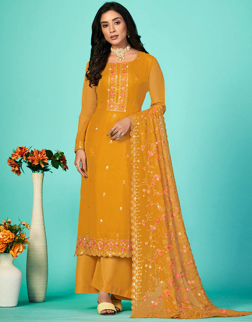 Designer Function Wear Organza Salwar Suit Collection Yellow Organza Pant Straight Front View