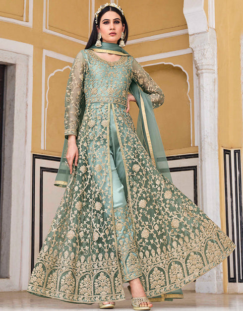 Designer Heavy Butterfky Ner Salwar Suit Collection Sky Blue Pure Butterfly Net Pant Anarkali Close-up View