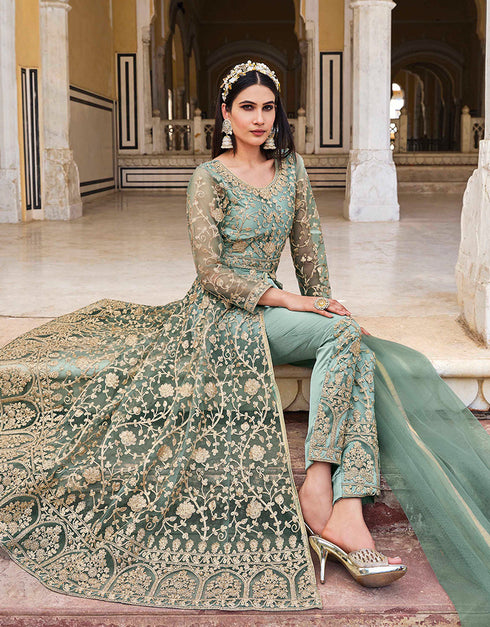 Designer Heavy Butterfky Ner Salwar Suit Collection Sky Blue Pure Butterfly Net Pant Anarkali Back View