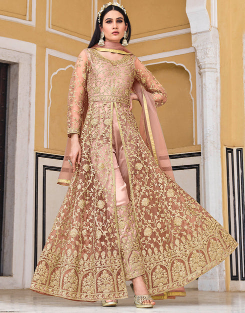 Designer Heavy Butterfky Ner Salwar Suit Collection Peach Pure Butterfly Net Pant Anarkali Close-up View