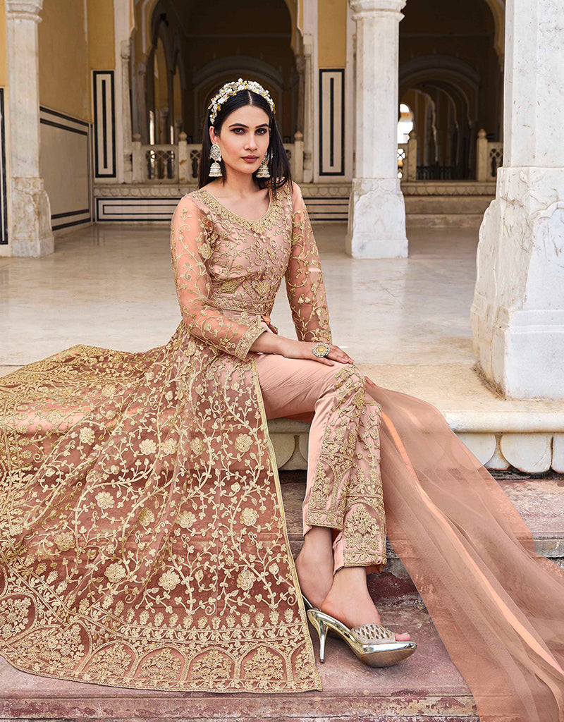 Greyish Pink Heavy Butterfly Net Pant Anarkali main image 0