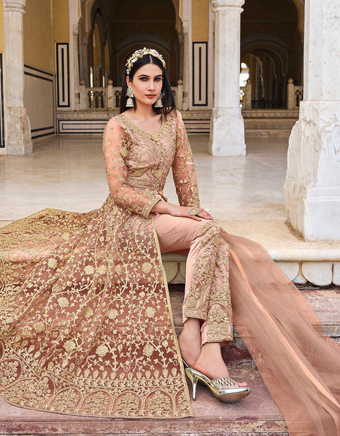Designer Heavy Butterfky Ner Salwar Suit Collection Peach Pure Butterfly Net Pant Anarkali Back View