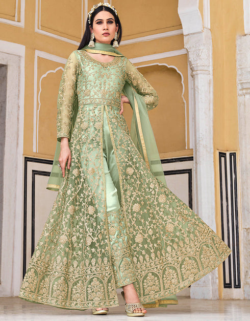 Designer Heavy Butterfky Ner Salwar Suit Collection Pista Pure Butterfly Net Pant Anarkali Close-up View