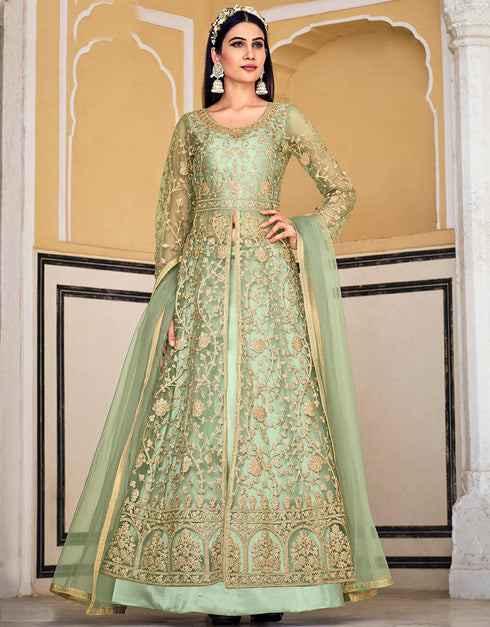 Designer Heavy Butterfky Ner Salwar Suit Collection Pista Pure Butterfly Net Pant Anarkali Front View
