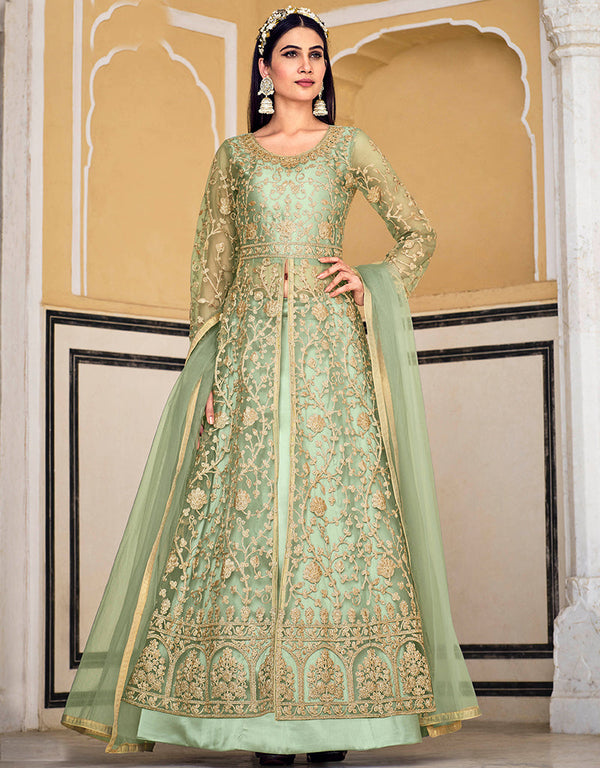 Designer Heavy Butterfky Ner Salwar Suit Collection Pista Pure Butterfly Net Pant Anarkali Front View