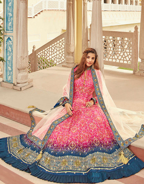 Traditional Function Wear Heavy Readymade Gown With Dupatta Collection Pink Pure Dolla Jacquard Suit Back View