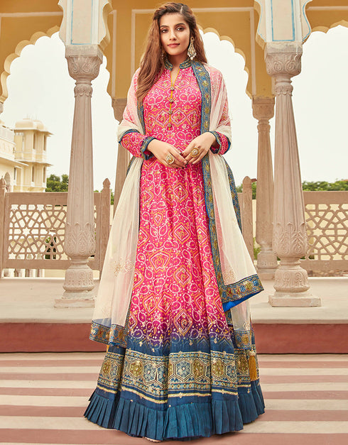 Traditional Function Wear Heavy Readymade Gown With Dupatta Collection Pink Pure Dolla Jacquard Suit Front View