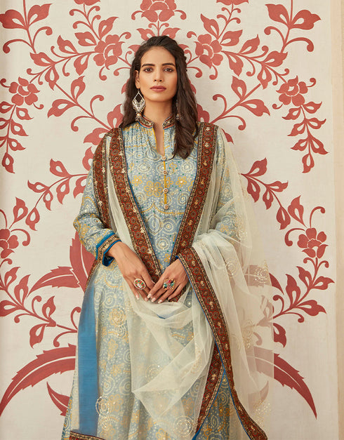 Traditional Function Wear Heavy Readymade Gown With Dupatta Collection Grey Pure Dolla Jacquard Suit Back View