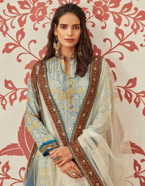 Traditional Function Wear Heavy Readymade Gown With Dupatta Collection Grey Pure Dolla Jacquard Suit Side View