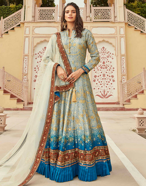 Traditional Function Wear Heavy Readymade Gown With Dupatta Collection Grey Pure Dolla Jacquard Suit Front View