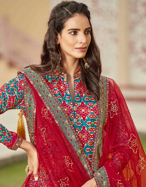 Traditional Function Wear Heavy Readymade Gown With Dupatta Collection Red Pure Dolla Jacquard Suit Back View